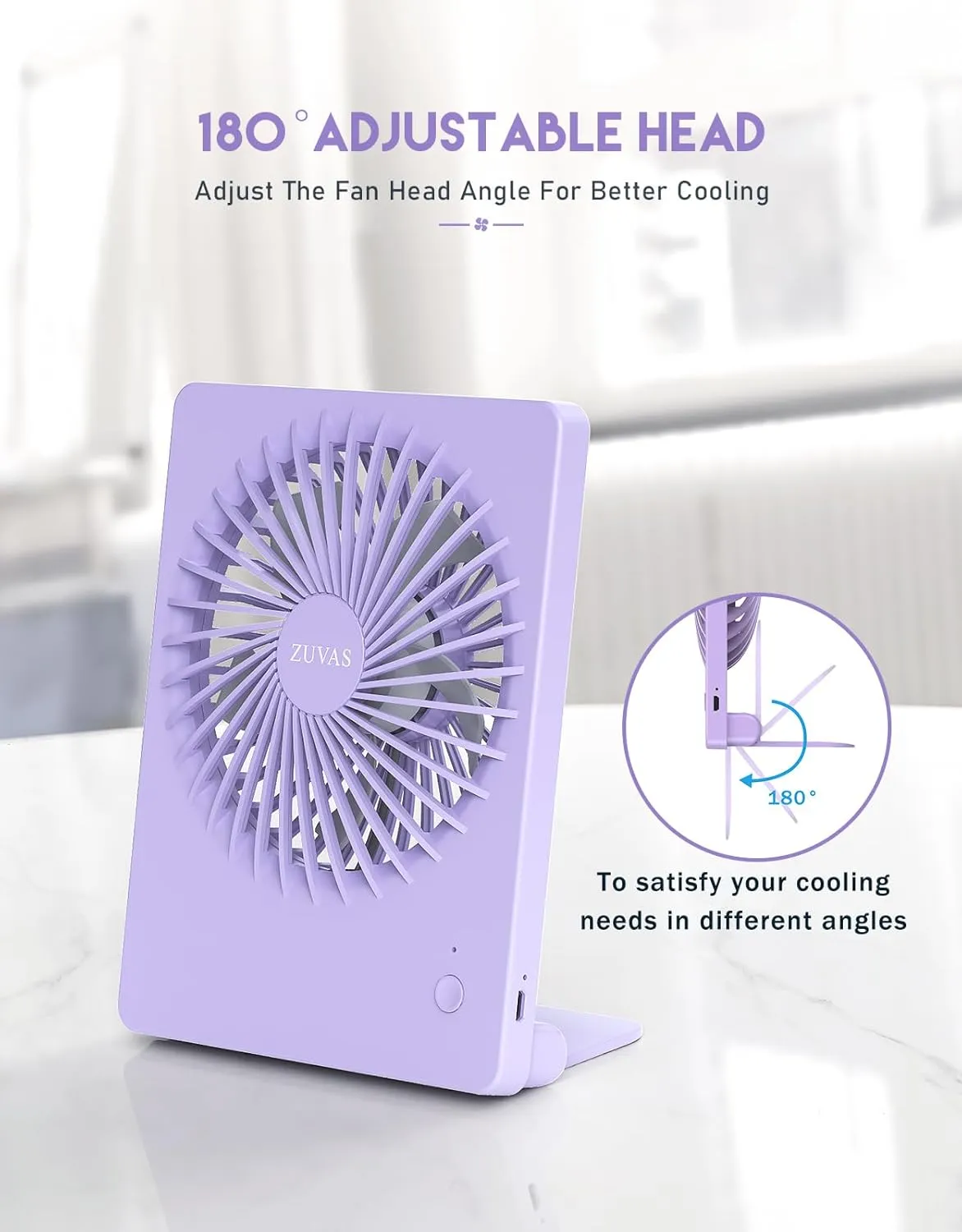 Zuvas Desk Fan Battery Operated Rechargeable 180°Tilt Folding Personal Ultra Quiet Small Portable Fan Light Purple