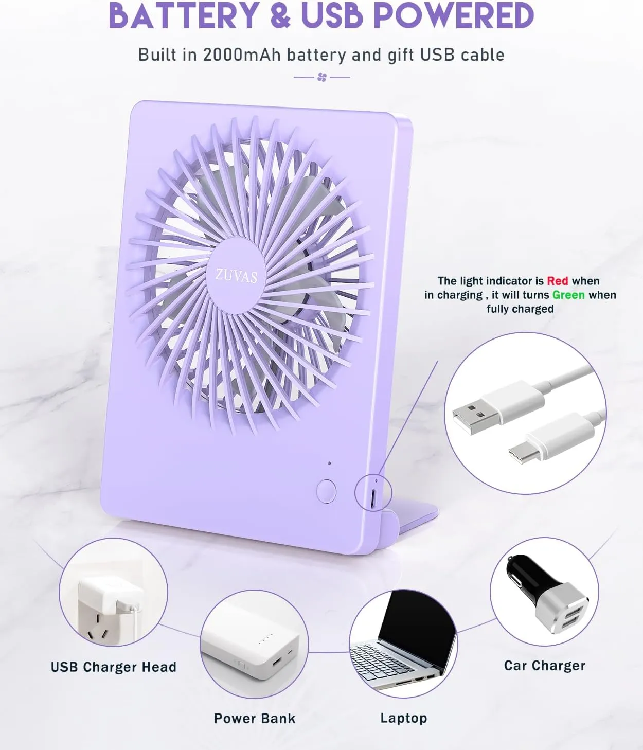 Zuvas Desk Fan Battery Operated Rechargeable 180°Tilt Folding Personal Ultra Quiet Small Portable Fan Light Purple