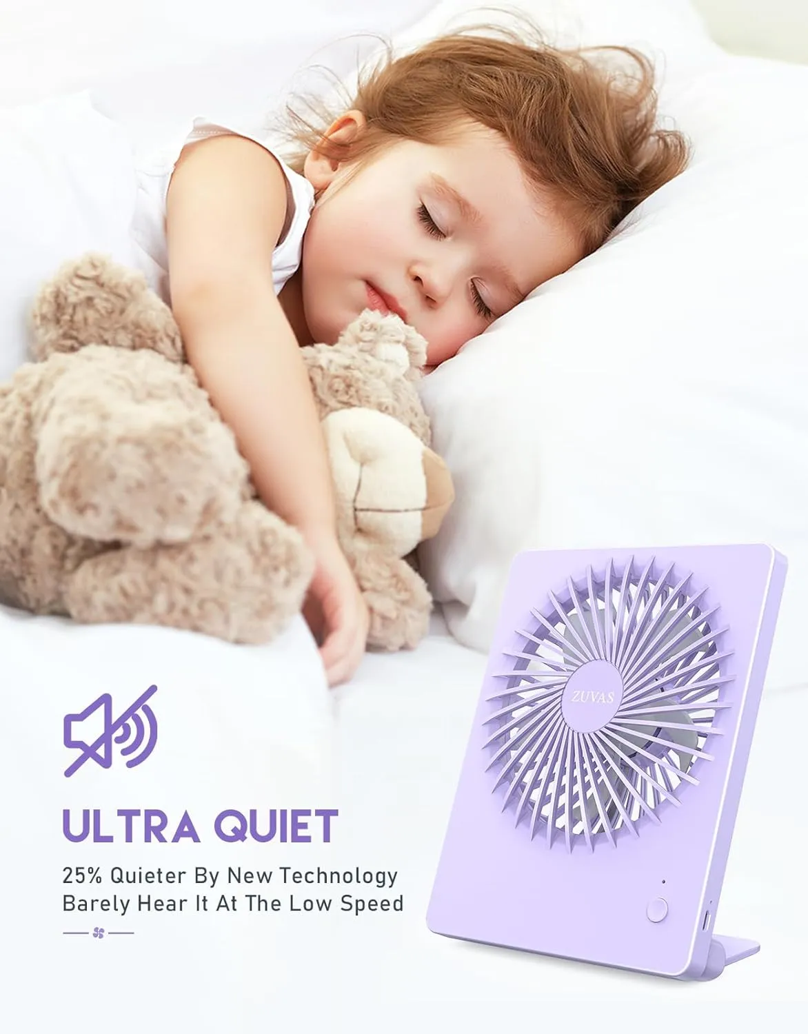 Zuvas Desk Fan Battery Operated Rechargeable 180°Tilt Folding Personal Ultra Quiet Small Portable Fan Light Purple